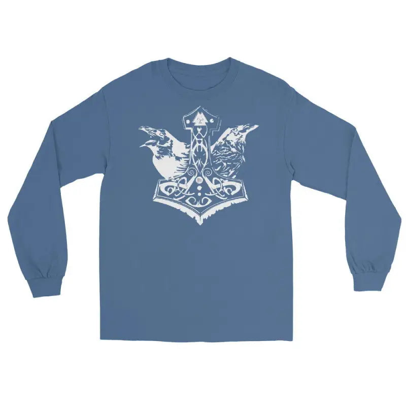 Blue long-sleeve t-shirt featuring Mjölnir & Ravens design inspired by ancient Norse lore