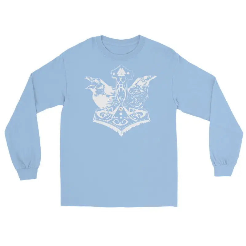 Light blue long sleeve tee featuring white Norse Thor’s hammer design on chest