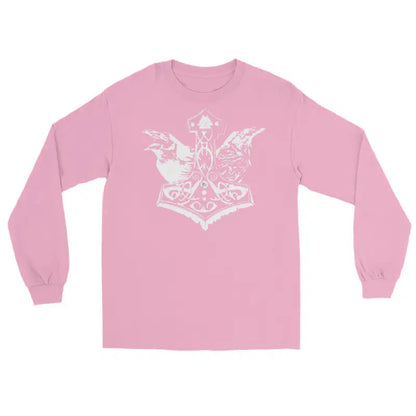 Pink long sleeve tee featuring a white decorative butterfly design on the front