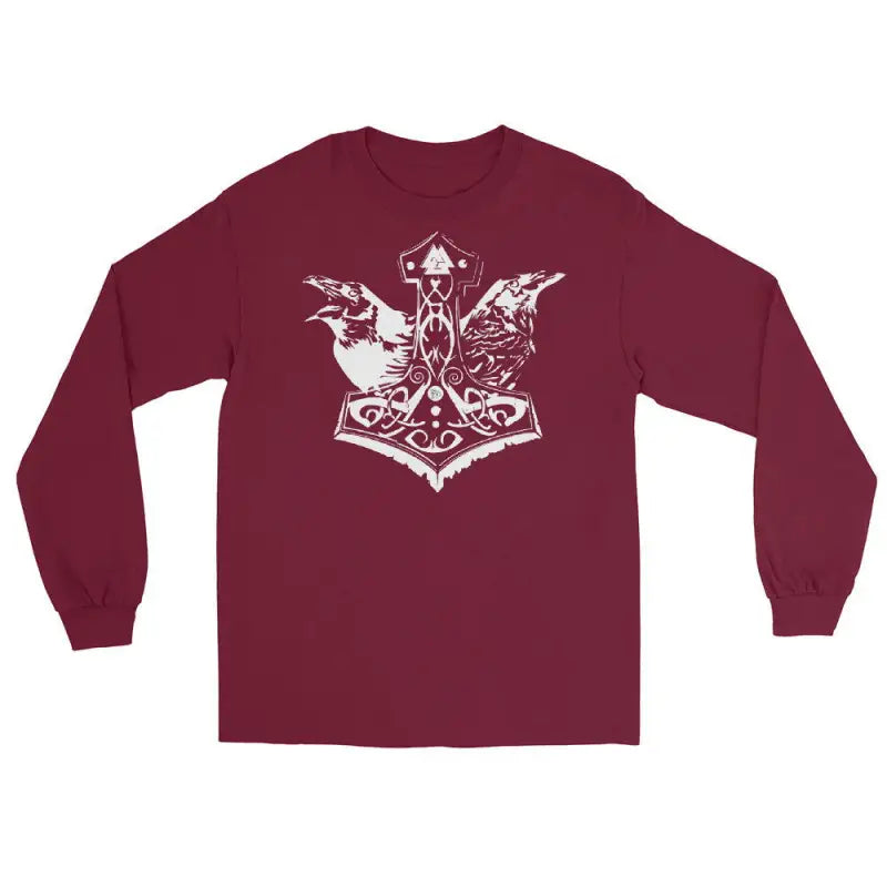 Burgundy long sleeve shirt featuring Norse Thor’s hammer design, Mjölnir & Ravens theme