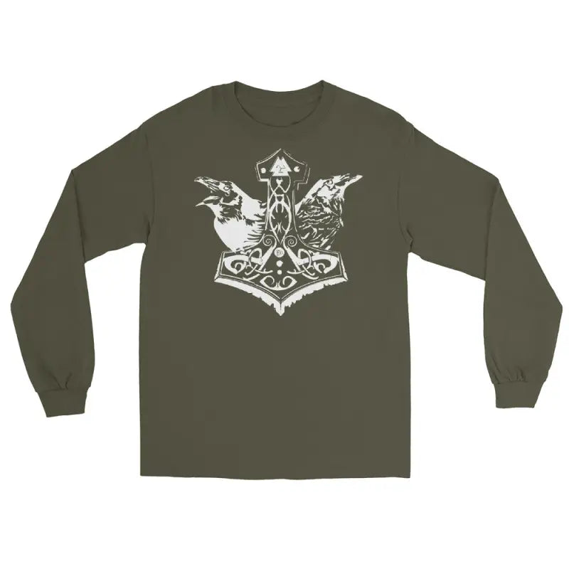 Olive green long sleeve tee featuring Norse Thor’s hammer design on the back