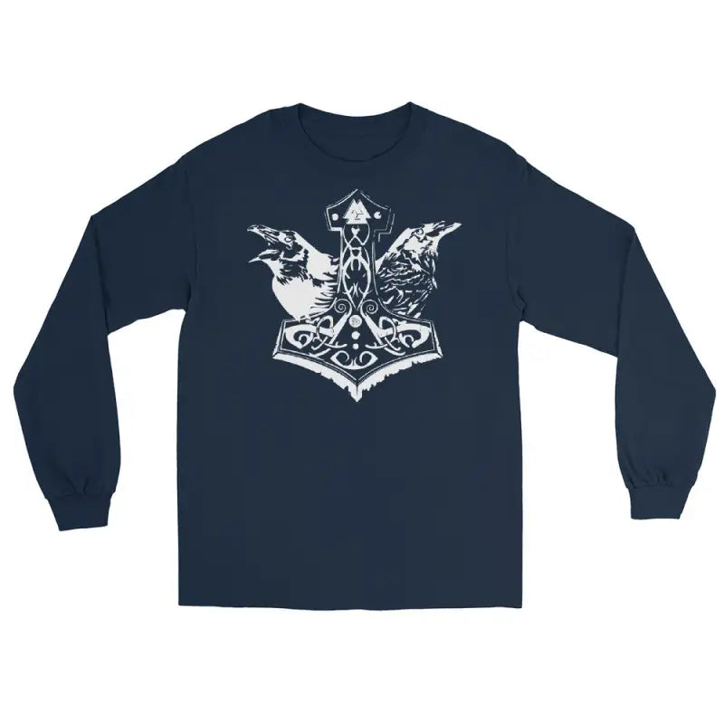 Navy blue long sleeve tee featuring white Norse Thor’s hammer design on back