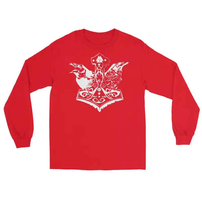 Red long sleeve tee featuring Norse Thor’s hammer design on the back