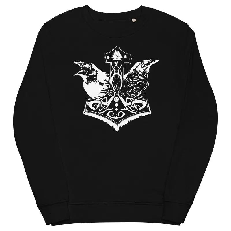 Black unisex sweatshirt with eco-friendly grey Mjölnir design featuring ravens and Thor’s hammer