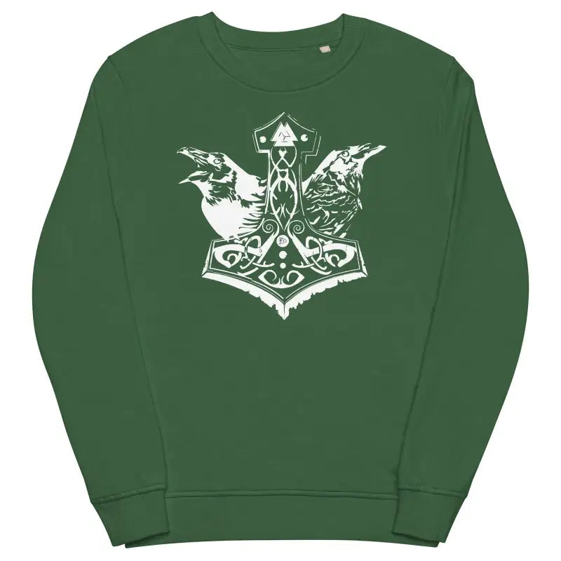 Eco-friendly grey Mjölnir unisex sweatshirt with Norse Thor’s hammer and ravens design