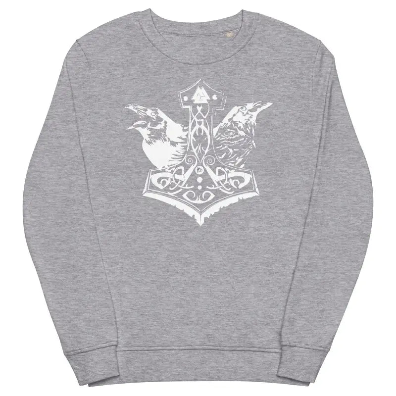 Eco-friendly grey Mjölnir unisex sweatshirt with Thor’s hammer and dragon motifs