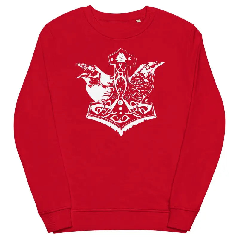 Red unisex sweatshirt featuring a white Norse-style Mjölnir design on eco-friendly fabric