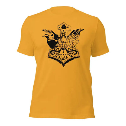 Yellow T-shirt with black Mjölnir & Ravens design celebrating Viking heritage