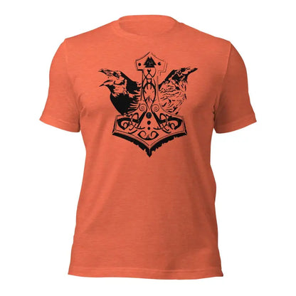 Orange t-shirt with black Mjölnir & ravens design celebrating Viking heritage