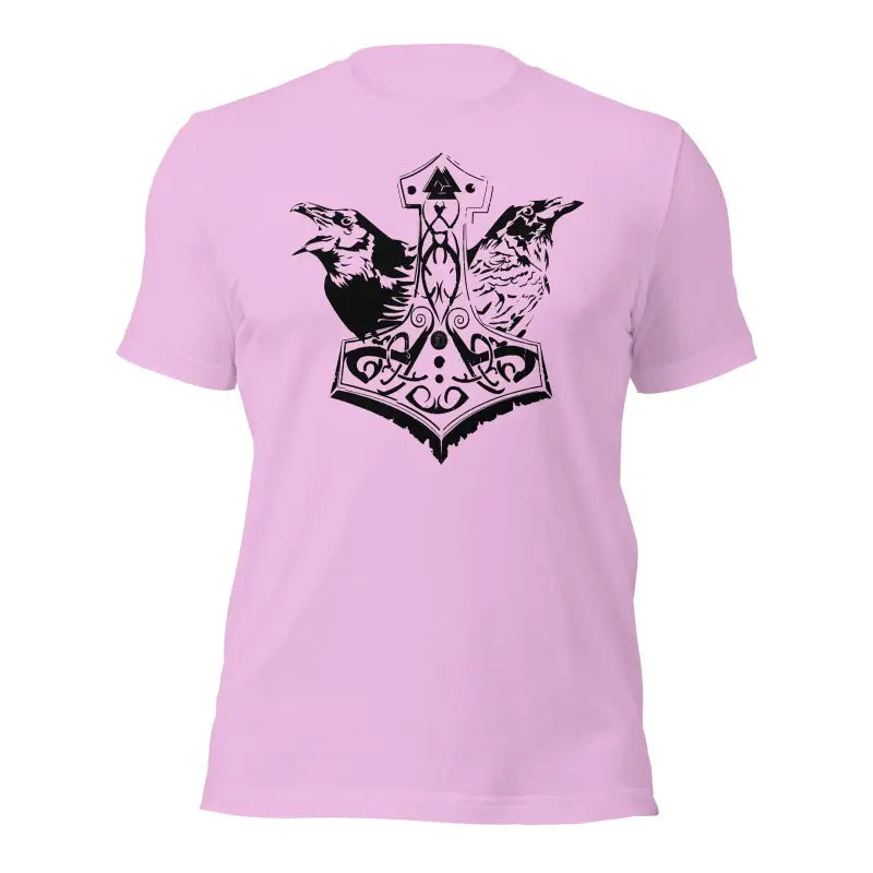 Pink t-shirt with black Mjölnir & ravens design celebrating Viking heritage