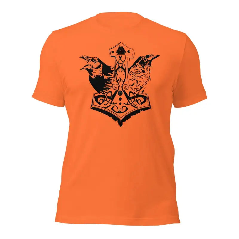 Orange T-shirt featuring black Mjölnir & ravens design, celebrating Viking heritage