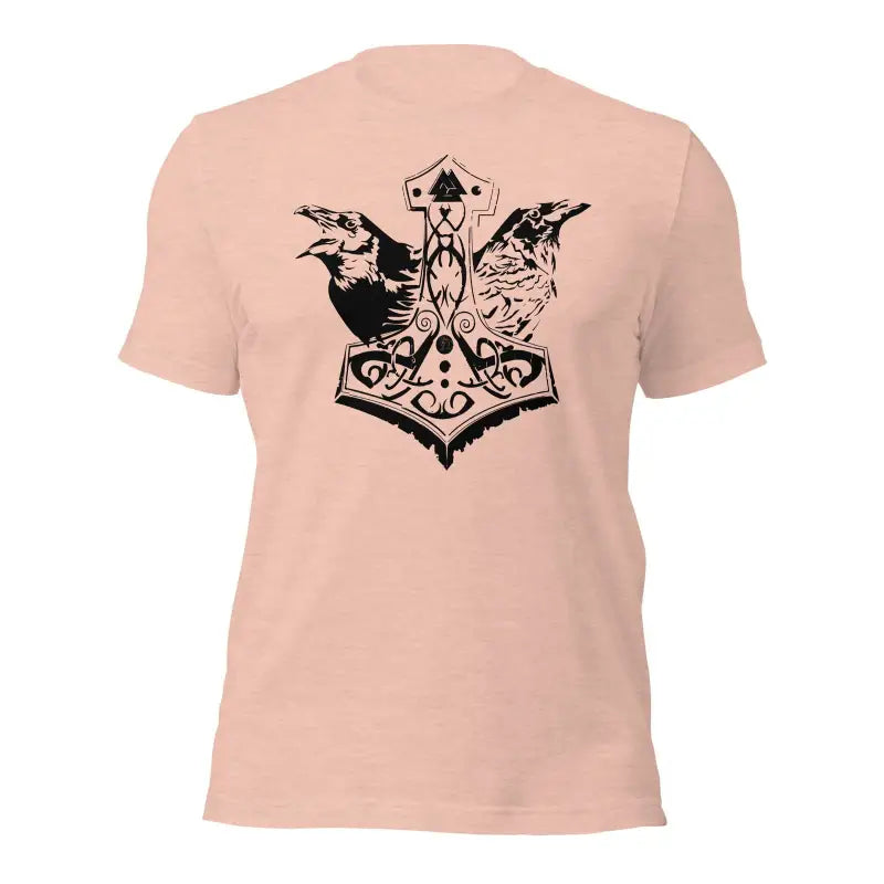 Pink t-shirt featuring black Mjölnir & ravens design, celebrating Viking heritage