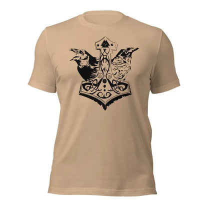 Beige t-shirt showcasing black Mjölnir & ravens design, celebrating Viking heritage