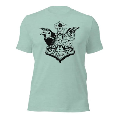 Mint green t-shirt with black Mjölnir & ravens design celebrating Viking heritage