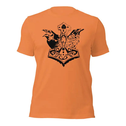 Orange t-shirt with black Mjölnir & ravens design celebrating Viking heritage