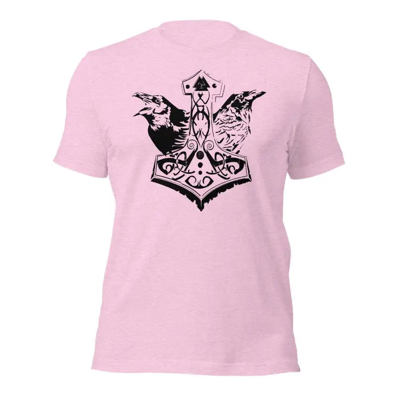 Pink T-shirt with black Mjölnir & Ravens design honoring Viking heritage