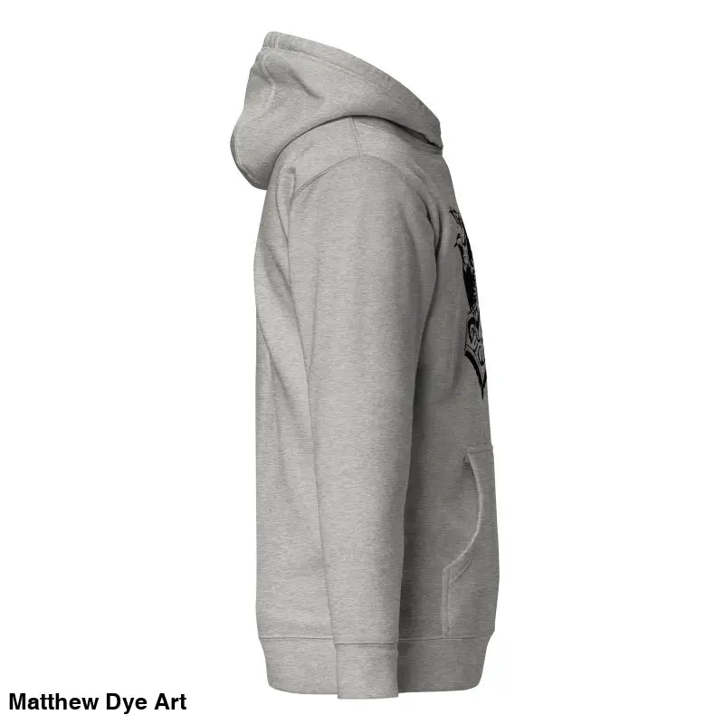 Side view of Gray hooded sweatshirt featuring striking Black Mjölnir & Ravens design