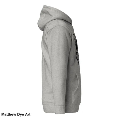 Side view of Gray hooded sweatshirt featuring striking Black Mjölnir & Ravens design