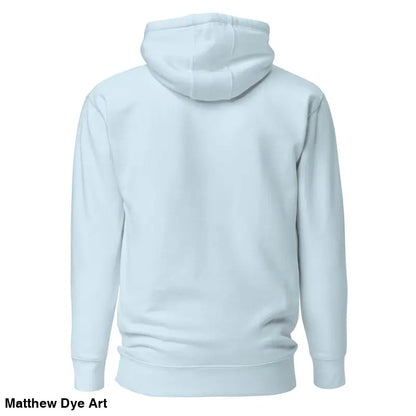 Light blue hooded sweatshirt back view featuring striking black Mjölnir & ravens design