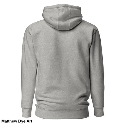 Back view of light gray hooded sweatshirt featuring striking black Mjölnir & Ravens design