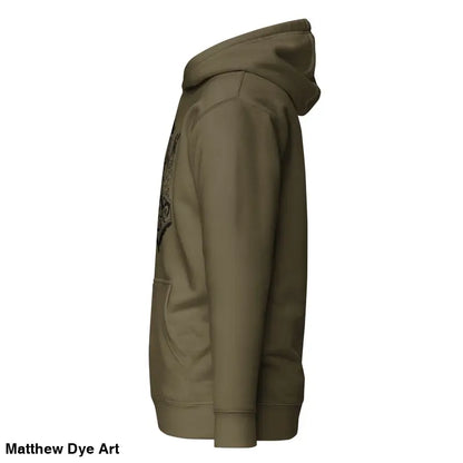 Olive green hooded sweatshirt showcasing striking black Mjölnir & ravens from the side