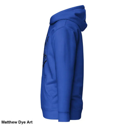Royal blue hooded sweatshirt featuring striking black Mjölnir & ravens design
