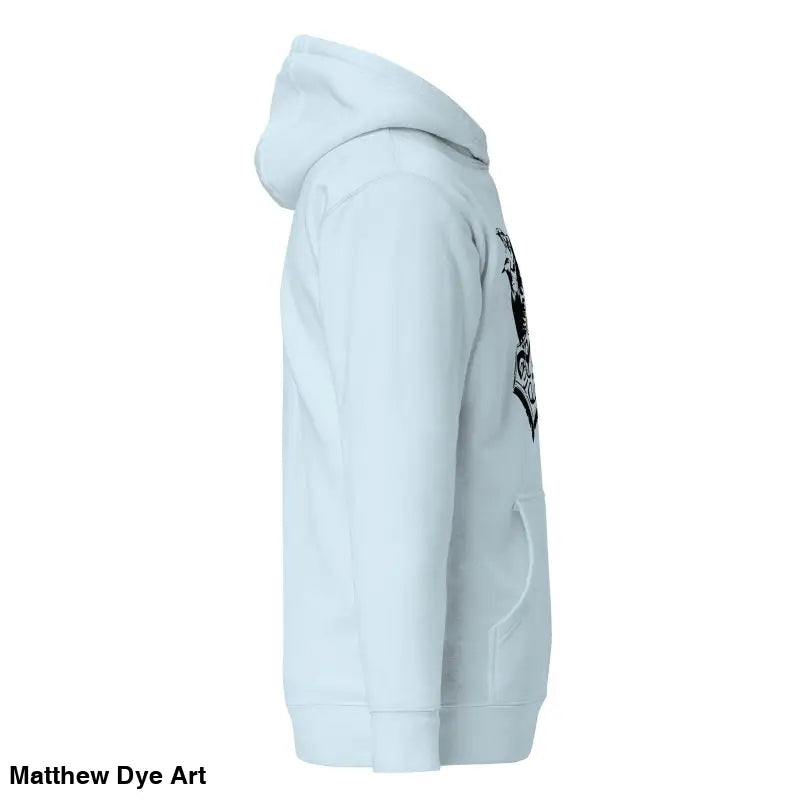 White hooded sweatshirt featuring striking black Mjölnir & ravens graphic design