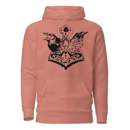 Salmon-colored hoodie featuring striking black Mjölnir & ravens design from Norse mythology