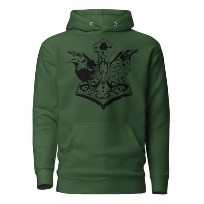 Green hoodie featuring a striking black Mjölnir and Norse mythology ravens design