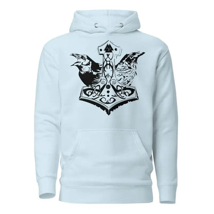 Light blue hoodie featuring striking black Mjölnir and Norse mythology ravens design
