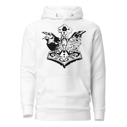 White hoodie featuring a striking black Mjölnir and Norse mythology ravens design