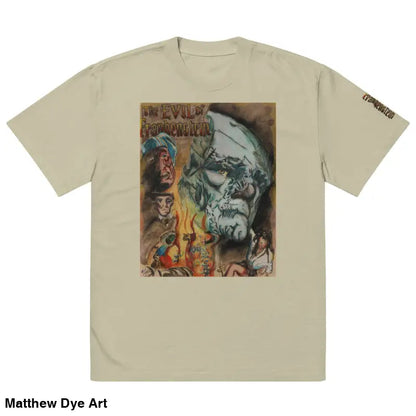 Beige oversized faded t-shirt featuring Evil of Frankenstein graphic from classic horror film