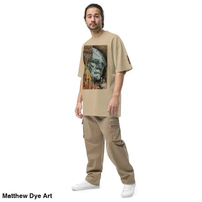 Man in beige oversized faded t-shirt and cargo pants inspired by Classic Horror Film, Evil of Frankenstein
