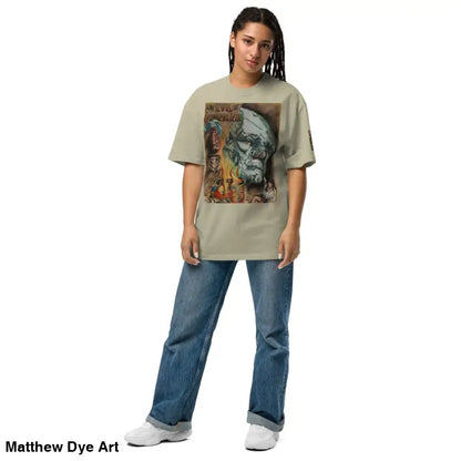 Woman in oversized faded t-shirt featuring Evil of Frankenstein from classic horror film