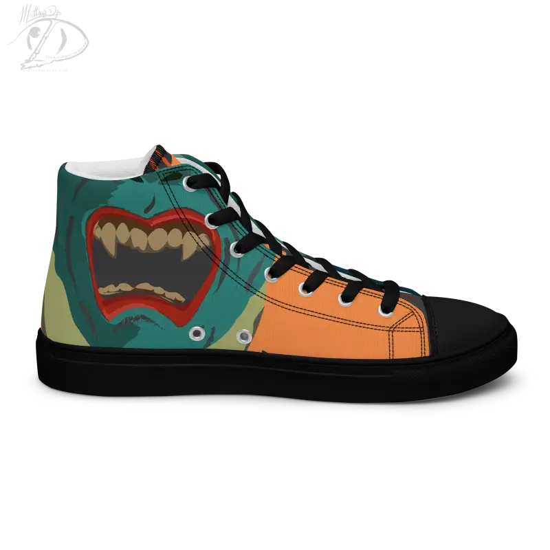 High-top sneaker with dinosaur design in teal, orange, and black for Cute Halloween Collection