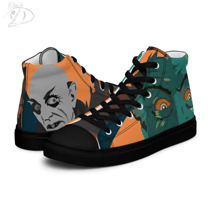 High-top sneakers with artistic orange, green, and black graphics for a Cute Halloween Collection