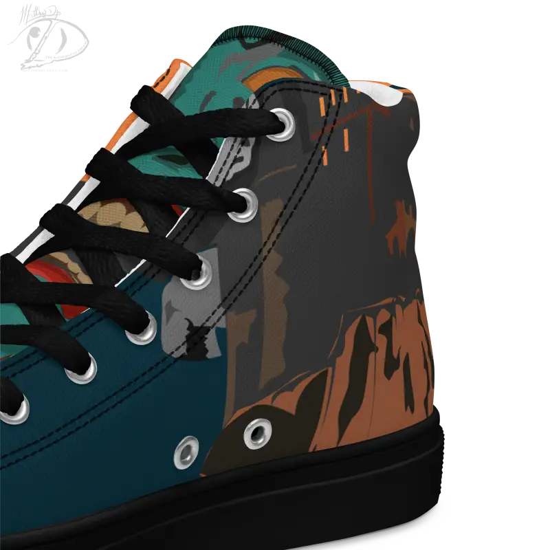 High-top sneaker with teal, brown, and black abstract design for a cute Halloween collection