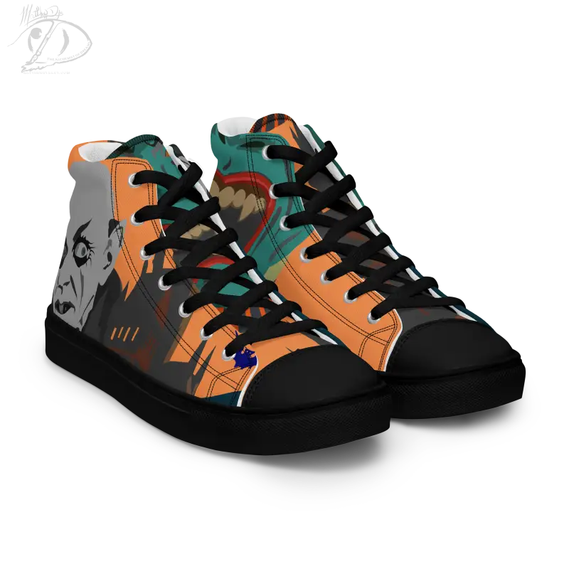 High-top sneakers with artistic teal, orange, black, and gray design for cute Halloween collection