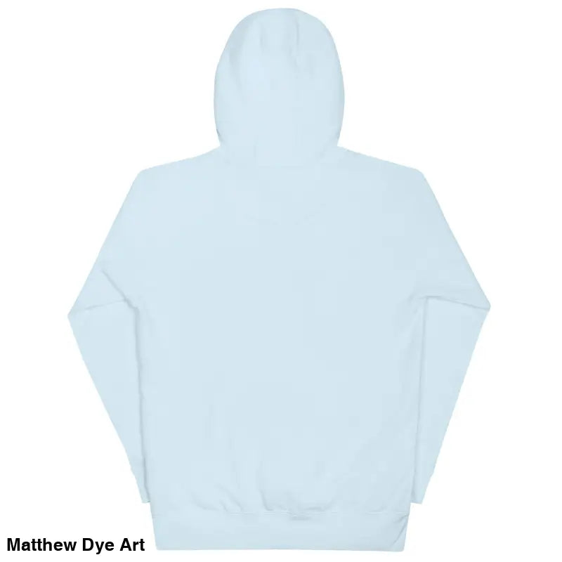 Light blue hooded sweatshirt back view featuring pouch pocket and cool design