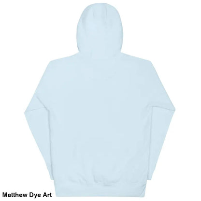 Light blue hooded sweatshirt back view featuring pouch pocket and cool design