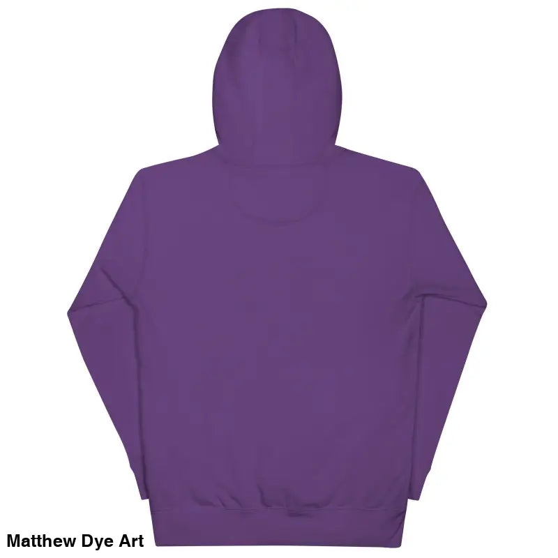 Purple hooded sweatshirt from the back showcasing its cool design and pouch pocket