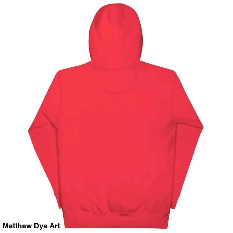 Red hooded sweatshirt with pouch pocket showcasing cool design from the back view