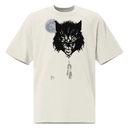 Fierce black wolf head with glowing eyes and moon on an oversized faded t-shirt