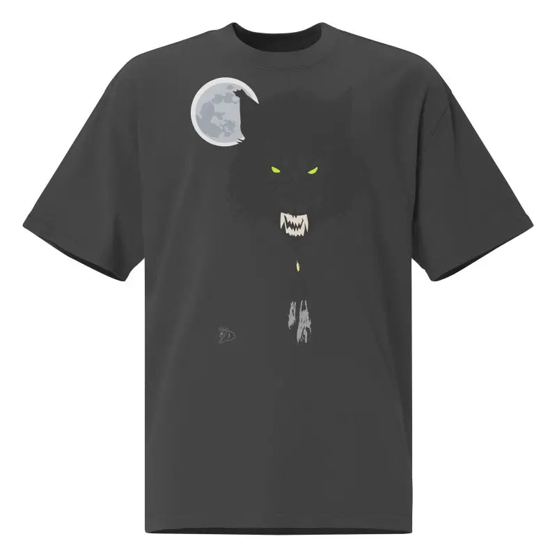 Dark grey oversized faded t-shirt with glowing yellow eyes and moon minimalist design