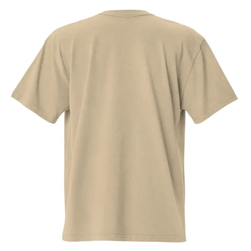 Plain beige short-sleeved oversized faded t-shirt displayed from the back