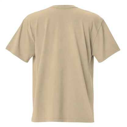 Plain beige short-sleeved oversized faded t-shirt displayed from the back