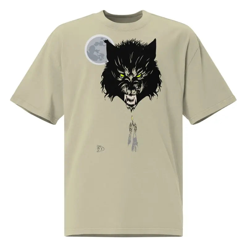 Beige oversized faded t-shirt featuring a snarling black wolf head with glowing eyes