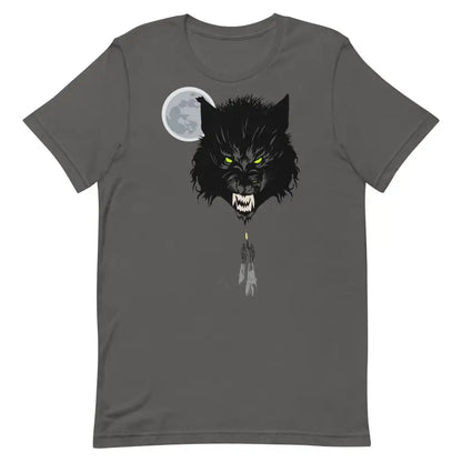 Grey t-shirt featuring a fierce black wolf head with glowing eyes and a full moon backdrop