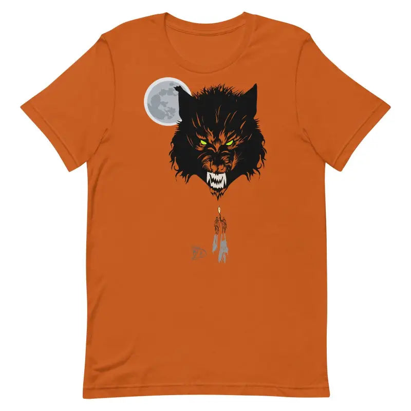 Orange werewolf unisex t-shirt featuring a snarling wolf head and full moon design