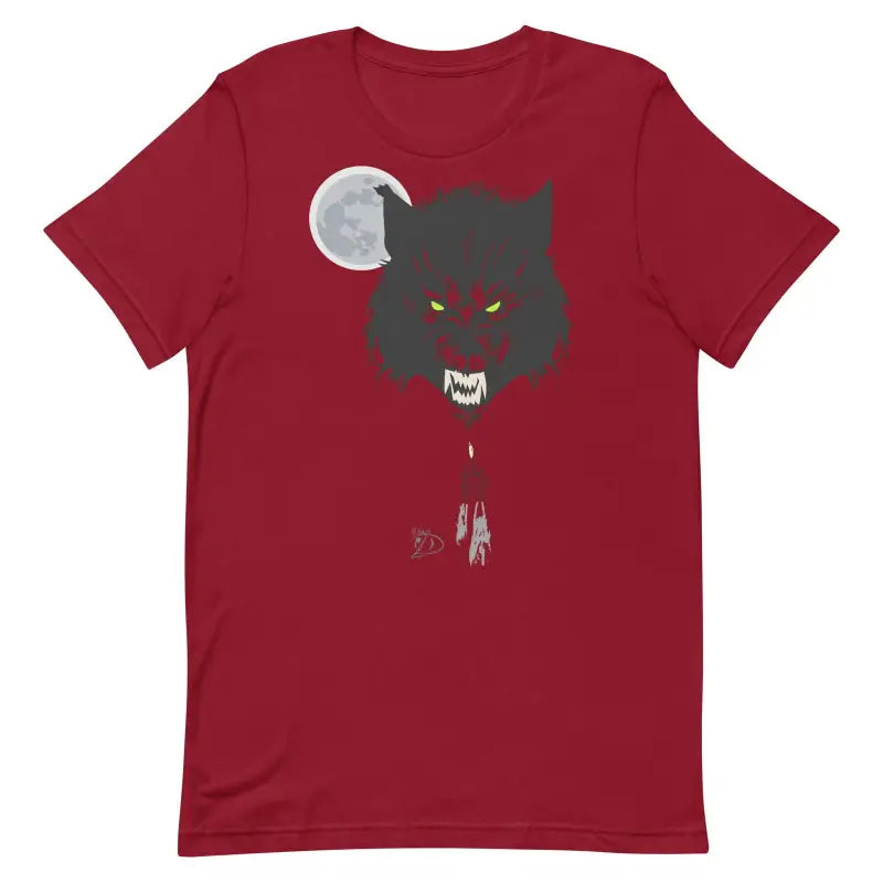 Red werewolf unisex t-shirt with dark wolf head and glowing eyes under a moon